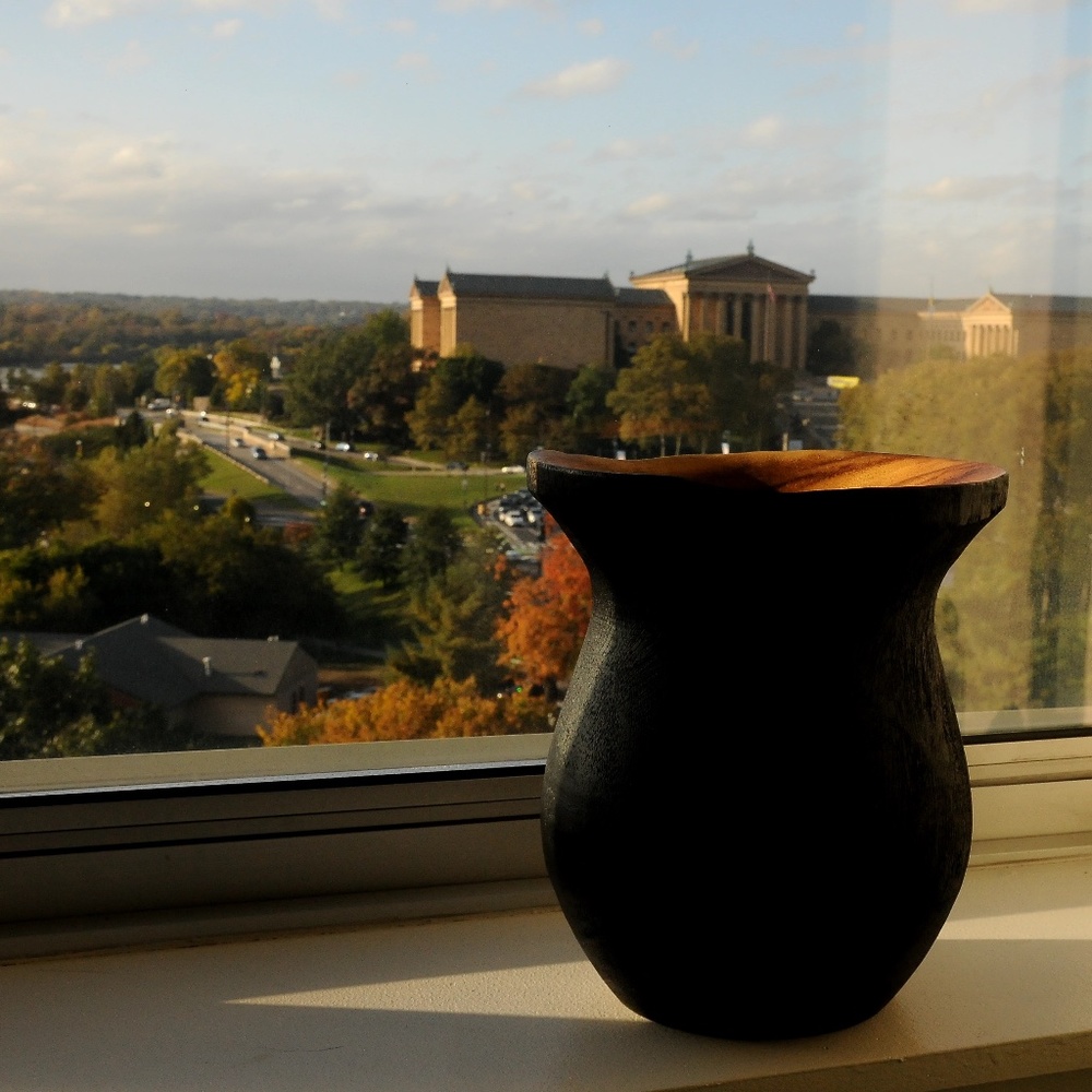 Wooden Vase/Plant Holder w/ Black Textured Design